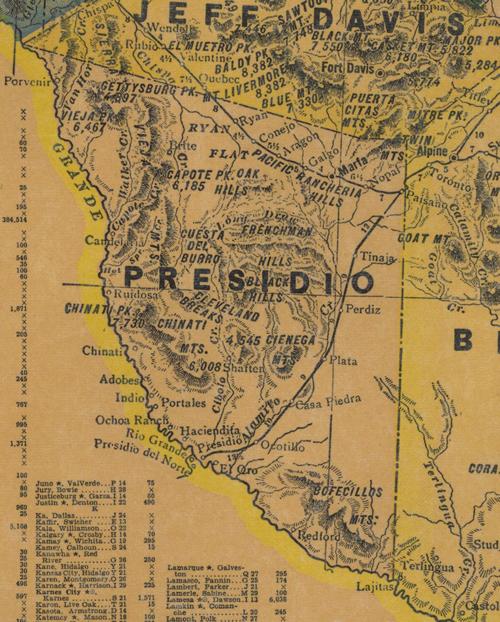 Presidio County TX 1940 Census Map showing Casa Piedra (below "D" in "P-R-E-S-I-D-I-O"), Plata, Shafter, Marfa Courtesy Texas General Land Office